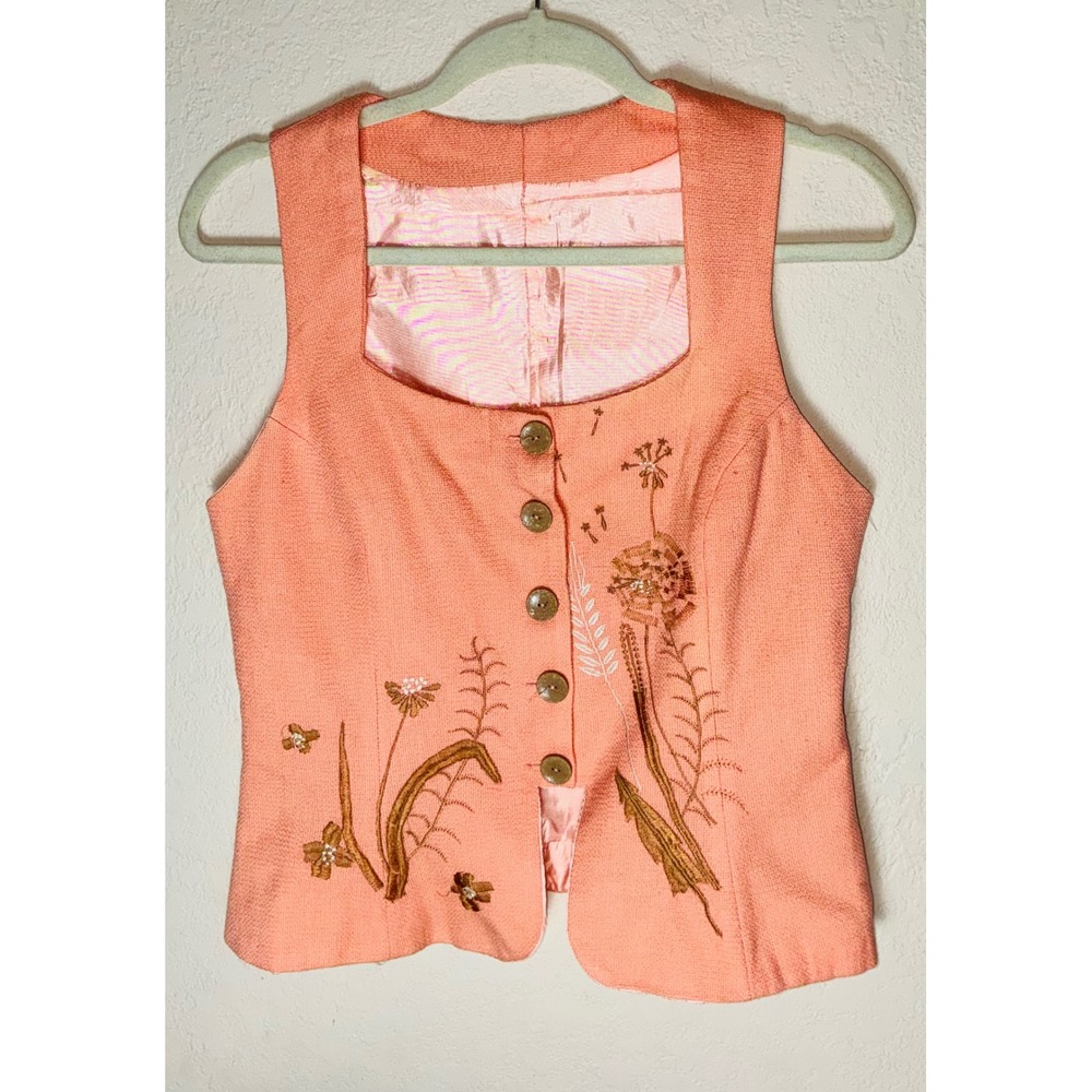 Vintage Floral Embroidered Vest Women Coral Peach Cottagecore Boho